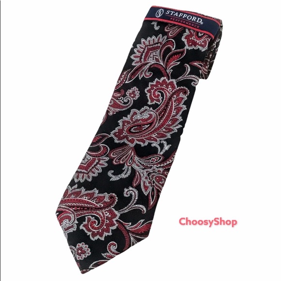 Silk Tie NWT Scotchguard Stain Resistant Red Black Silver Paisley Tie - Picture 12 of 12